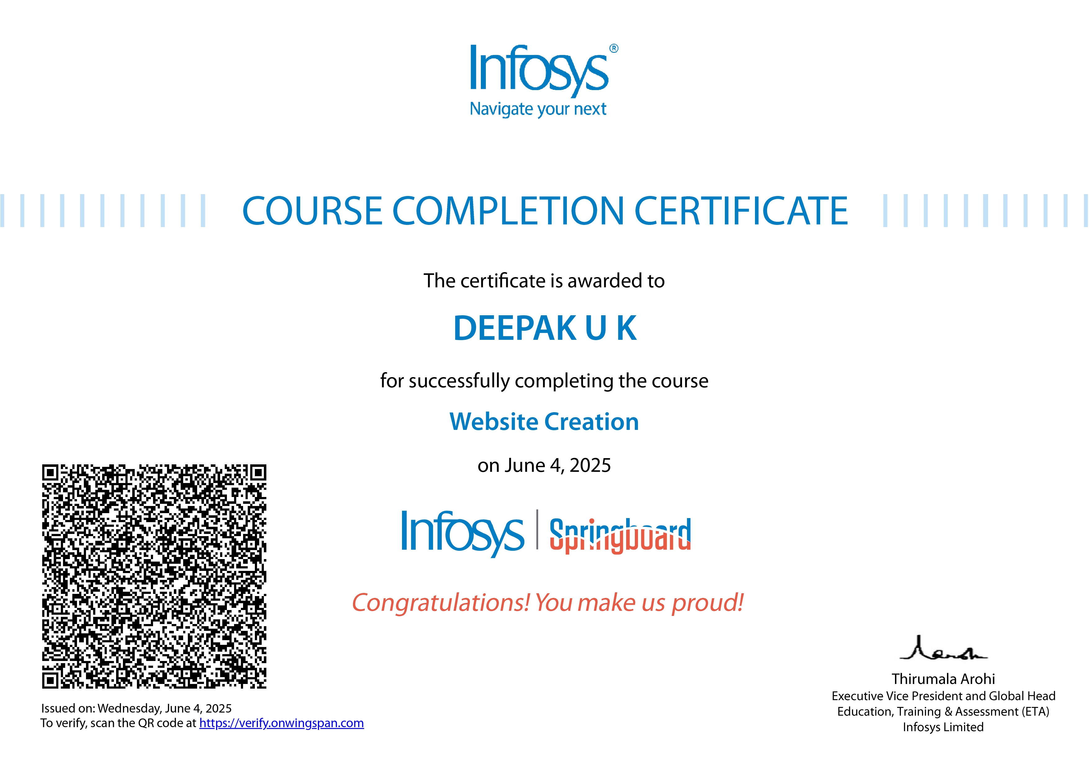 Website Creation certificate from Infosys Springboard